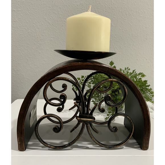 Vtg Brown Black Gold Rounded Arched Swirl Wrought Iron Pillar Candle Holder - Picture 4 of 7